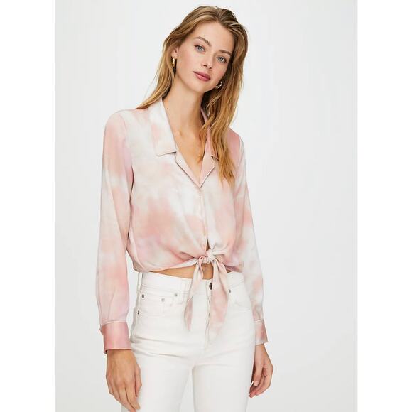 Aritzia Wilfred Peaufiner Tie Front Blouse Cropped Long Sleeve Pink Ombre - Picture 9 of 9